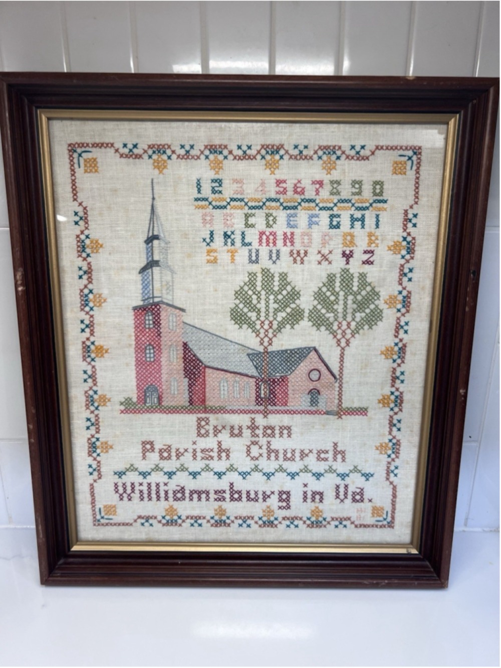 Framed Vintage Sampler Cross Stitch Williamsburg Va Brutan Parish Church 123 ABC